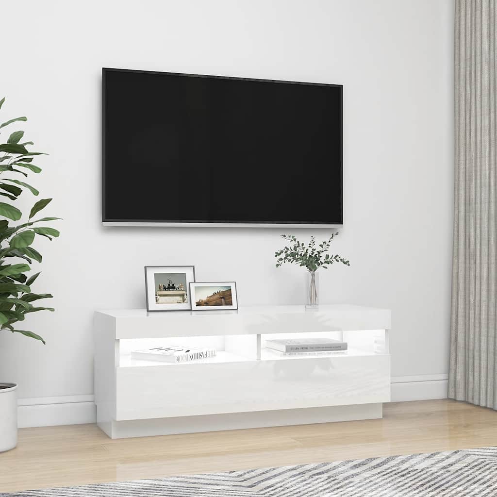 Tv-Benk Med Led-Lys Høyglans Hvit 100X35X40 Cm