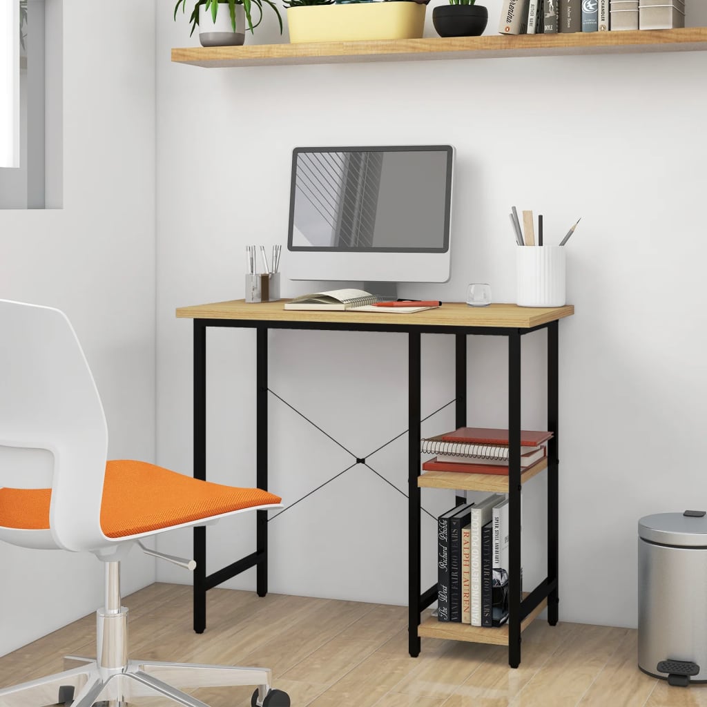 Pc-Bord Svart Og Lys Eik 80X40X72 Cm Mdf Og Metall