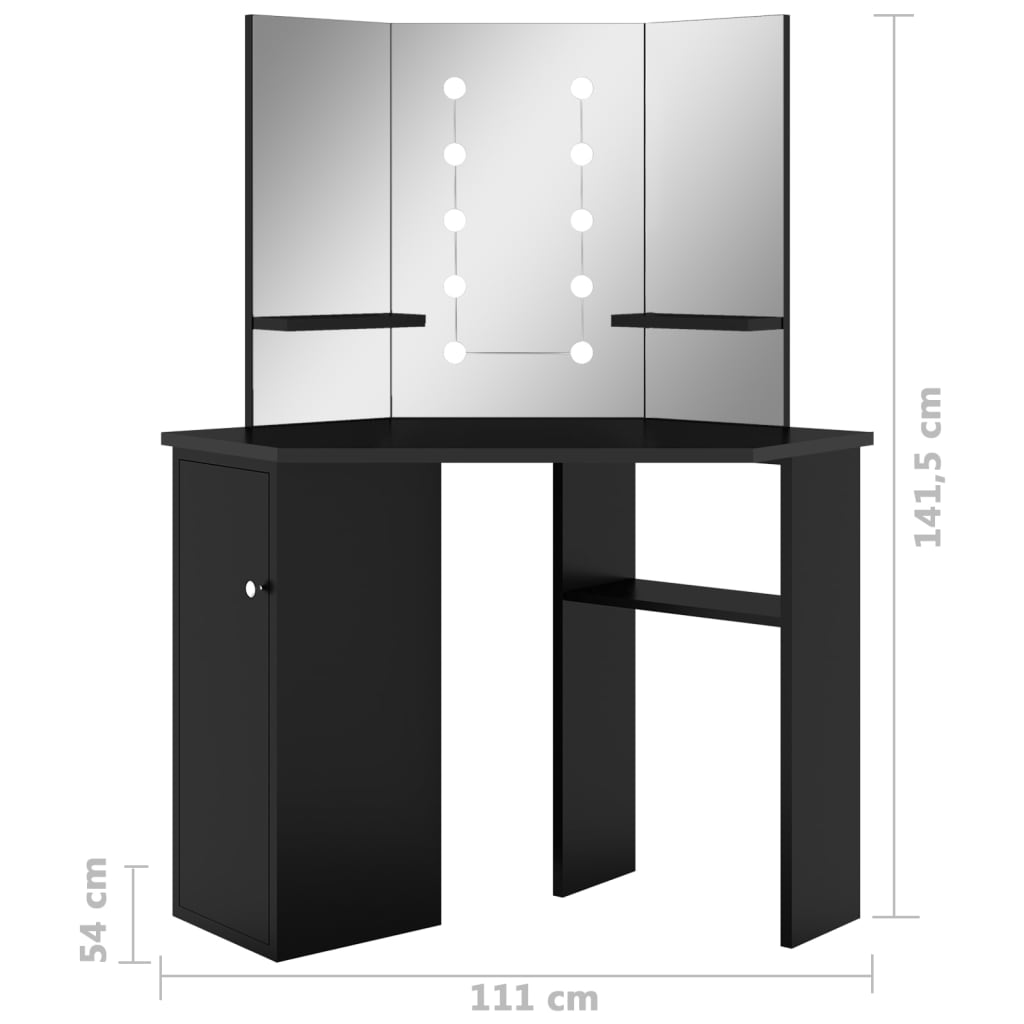 Hjørnemontert Sminkebord Med Led Svart 111X54X141,5 Cm