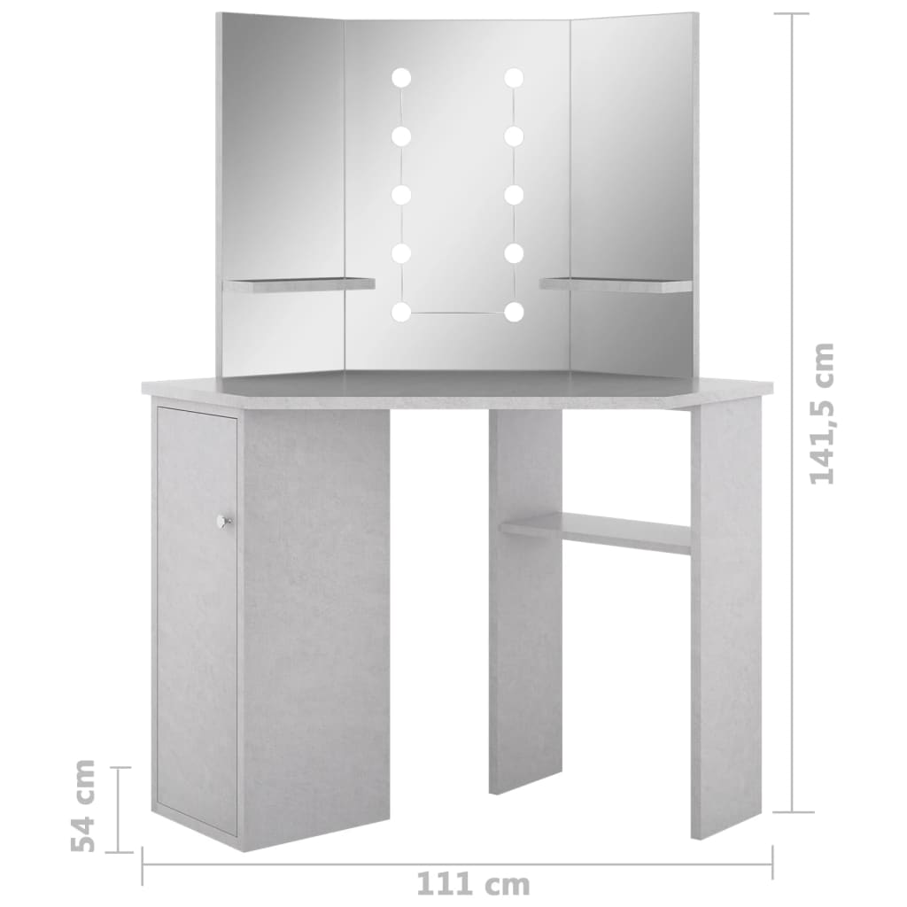 Hjørnemontert Sminkebord Med Led Betonggrå 111X54X141,5 Cm