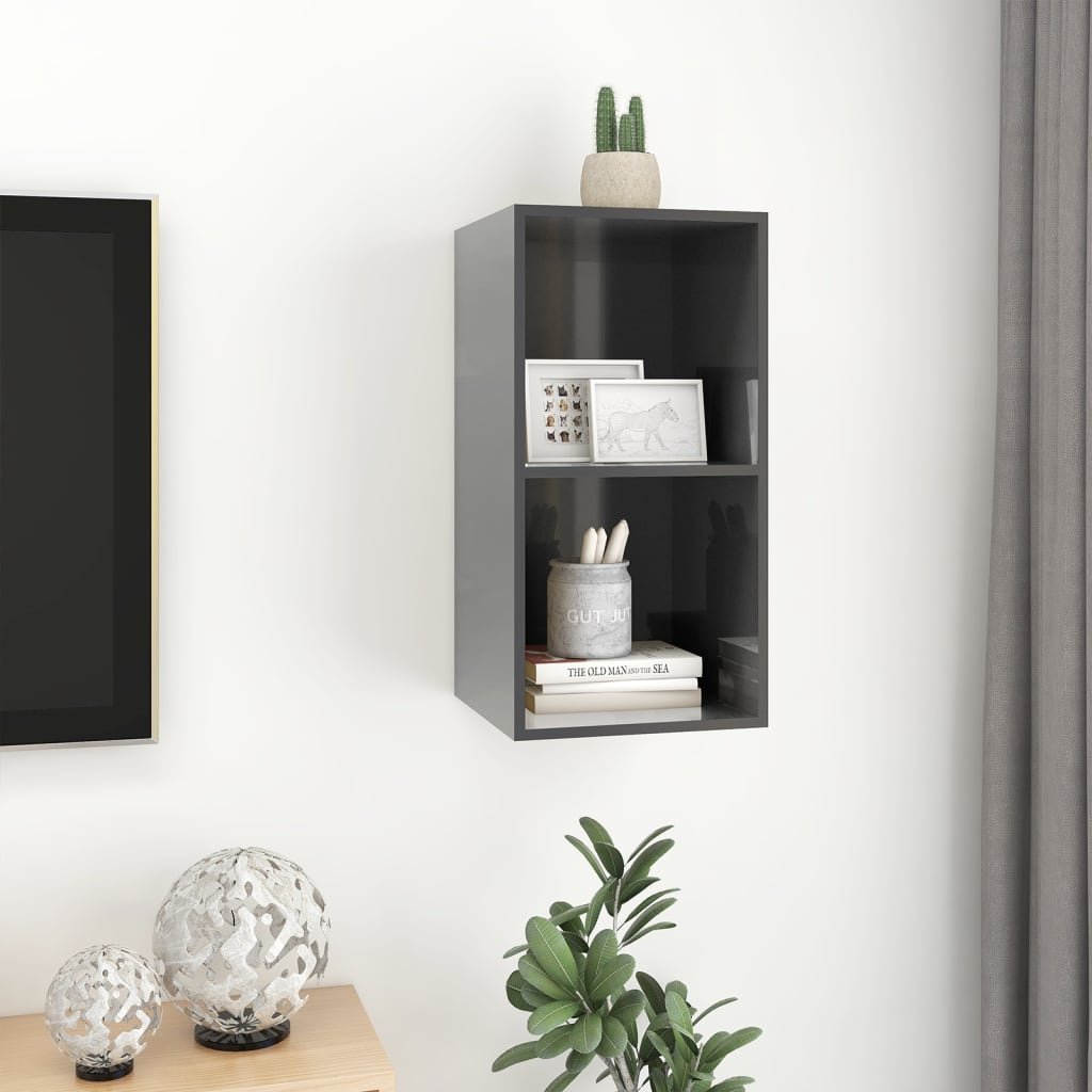 Vegghengt Tv-Benk Høyglans Grå 37X37X72 Cm Konstruert Tre