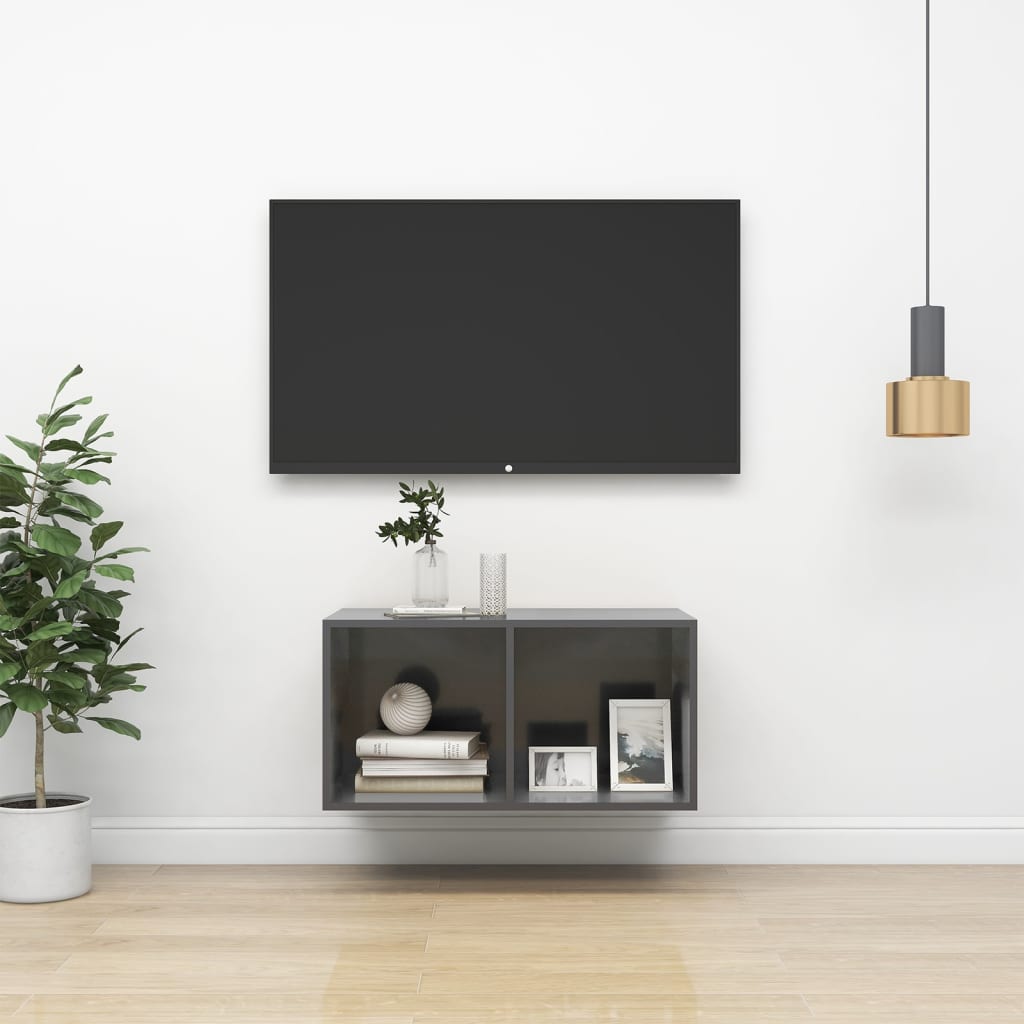 Vegghengt Tv-Benk Høyglans Grå 37X37X72 Cm Konstruert Tre