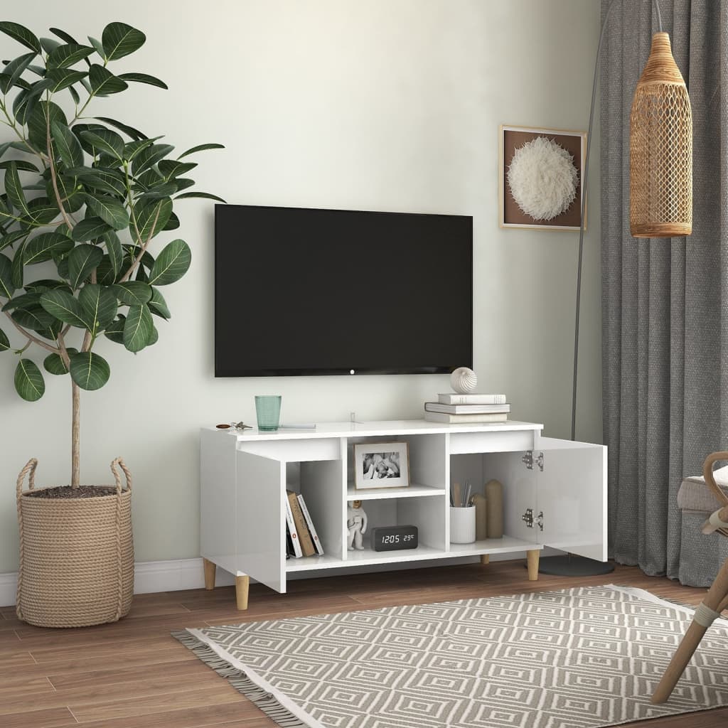 Tv-Benk Med Ben I Heltre Høyglans Hvit 103,5X35X50 Cm