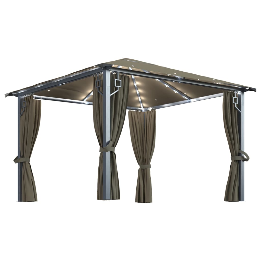 Paviljong Med Gardin Og Led-Strenglys 3X3 M Gråbrun Aluminium