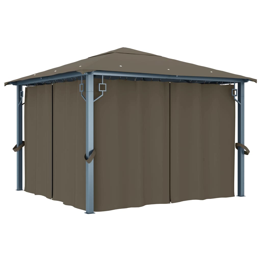 Paviljong Med Gardin Og Led-Strenglys 3X3 M Gråbrun Aluminium