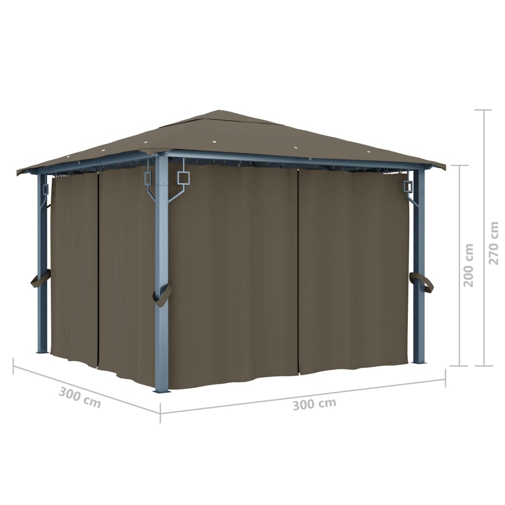 Paviljong Med Gardin Og Led-Strenglys 3X3 M Gråbrun Aluminium