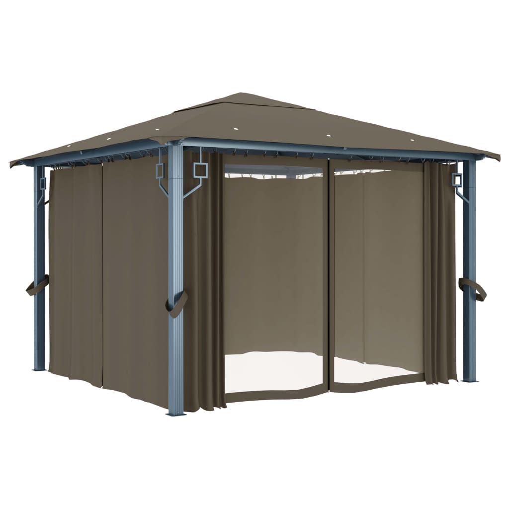 Paviljong Med Gardin Og Led-Strenglys 3X3 M Gråbrun Aluminium