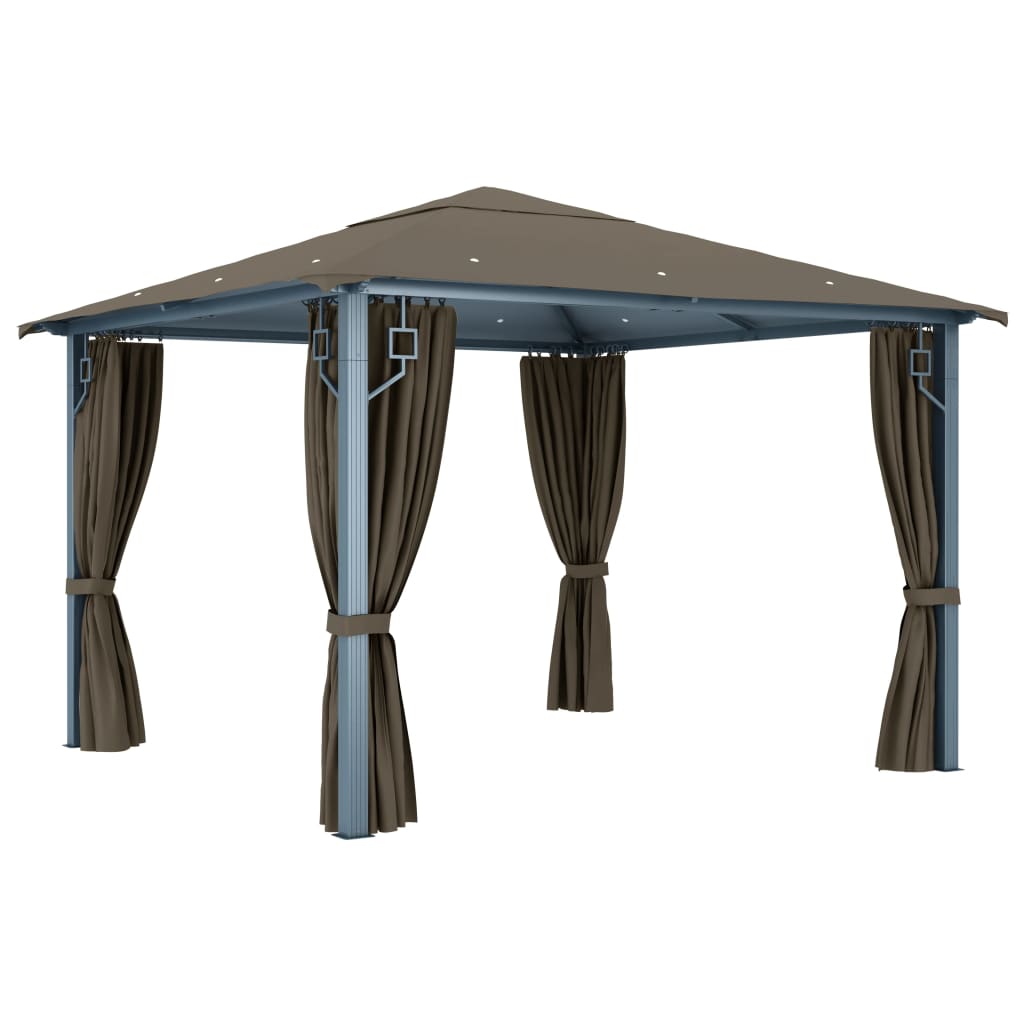Paviljong Med Gardin Og Led-Strenglys 3X3 M Gråbrun Aluminium