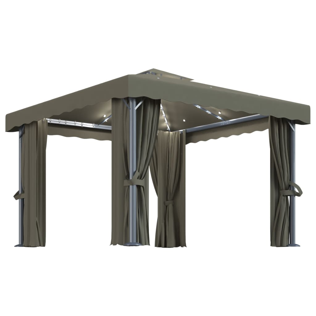 Paviljong Med Gardin Og Led-Strenglys 3X3 M Gråbrun