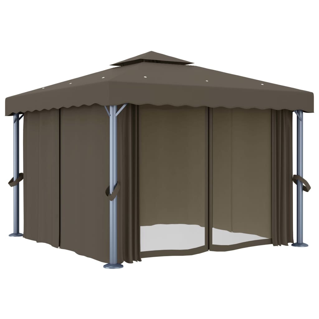 Paviljong Med Gardin Og Led-Strenglys 3X3 M Gråbrun