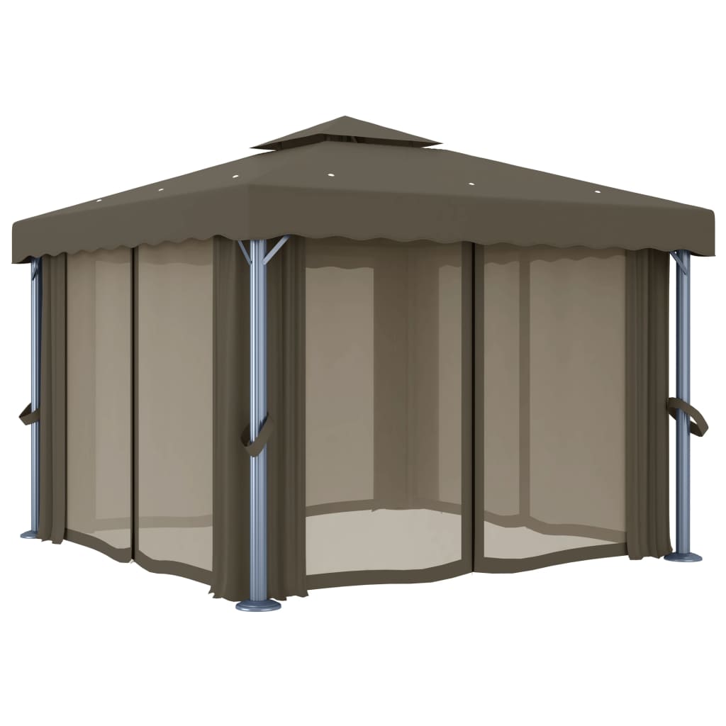Paviljong Med Gardin Og Led-Strenglys 3X3 M Gråbrun