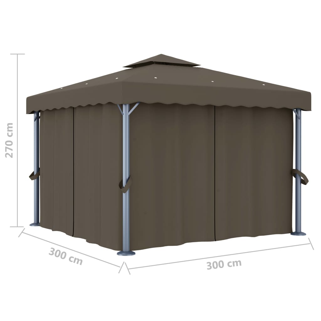 Paviljong Med Gardin Og Led-Strenglys 3X3 M Gråbrun