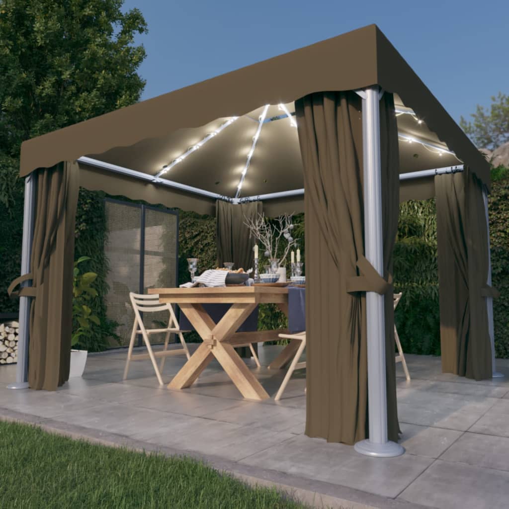 Paviljong Med Gardin Og Led-Strenglys 3X3 M Gråbrun