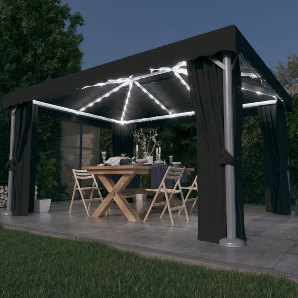 Paviljong Med Gardin Og Led-Strenglys 4X3 M Antrasitt