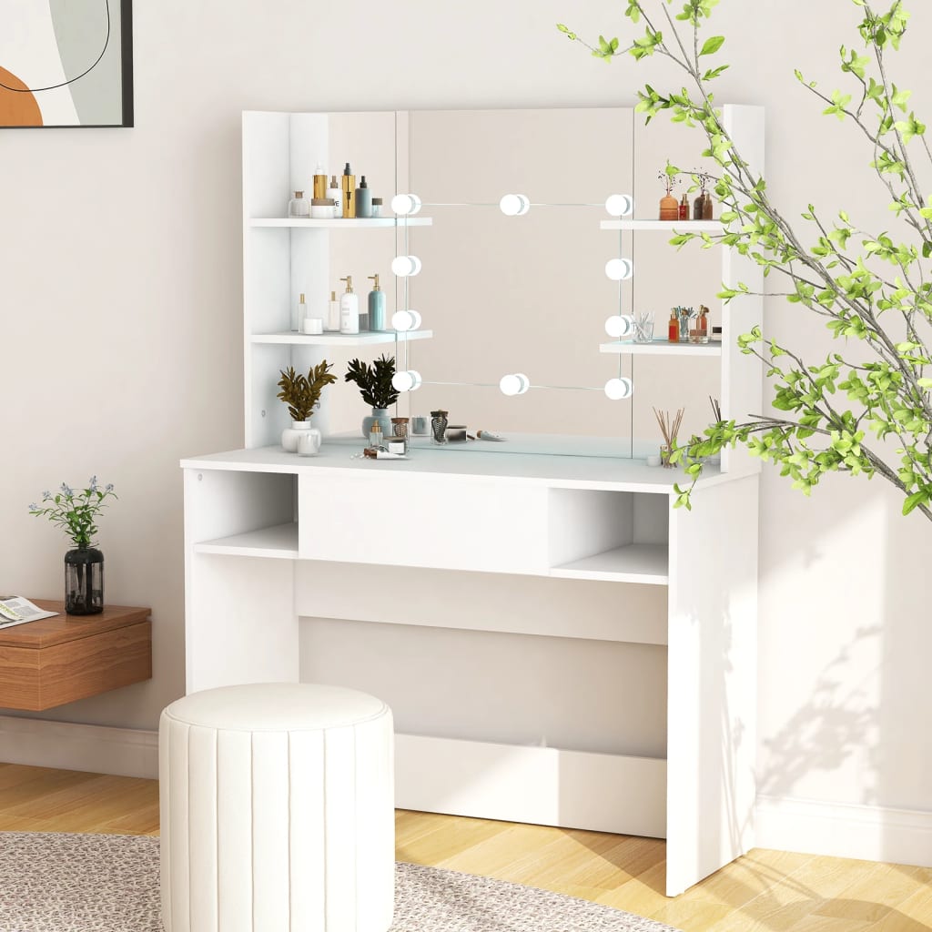 Sminkebord Med Led-Lys 100X40X135 Cm Mdf Hvit