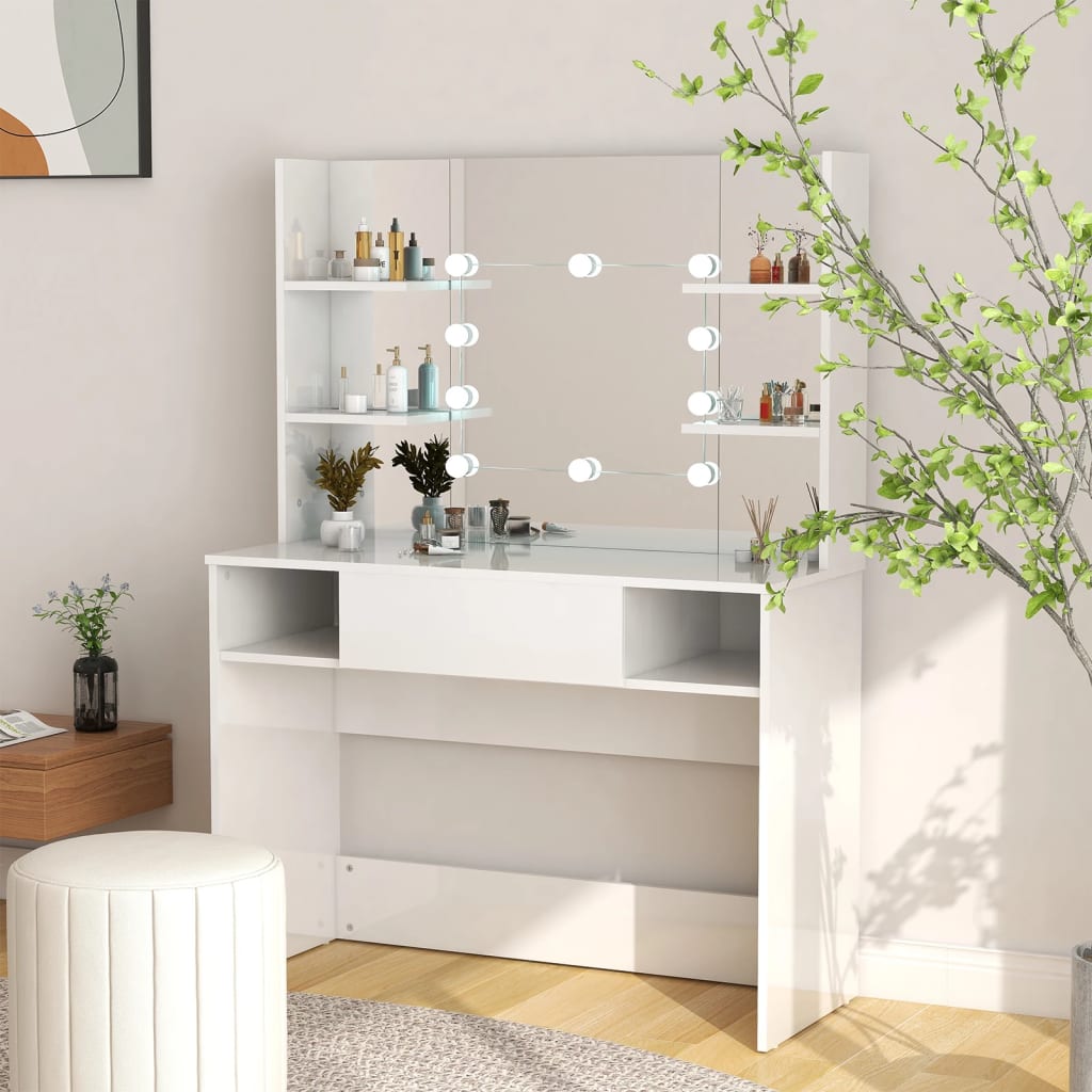 Sminkebord Med Led-Lys 100X40X135 Cm Mdf Blank Hvit