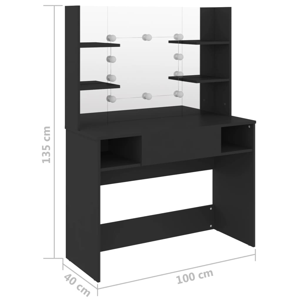 Sminkebord Med Led-Lys 100X40X135 Cm Mdf Svart