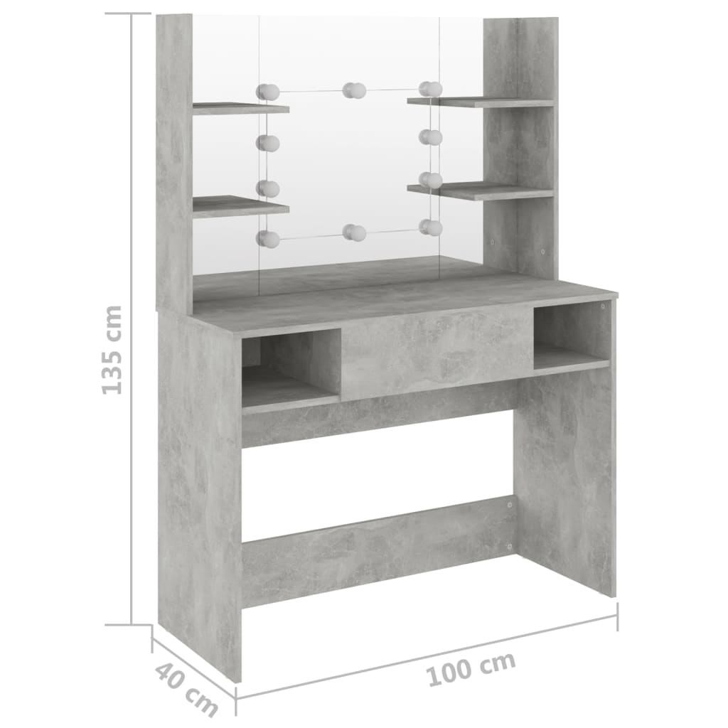 Sminkebord Med Led-Lys 100X40X135 Cm Mdf Betonggrå