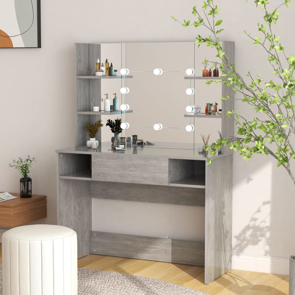 Sminkebord Med Led-Lys 100X40X135 Cm Mdf Betonggrå