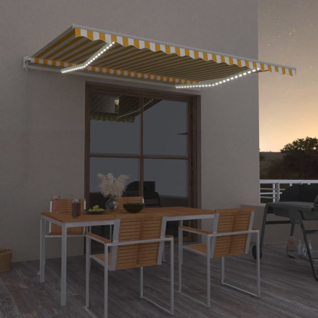 Manuell Uttrekkbar Markise Med Led 450X300 Cm Gul Og Hvit