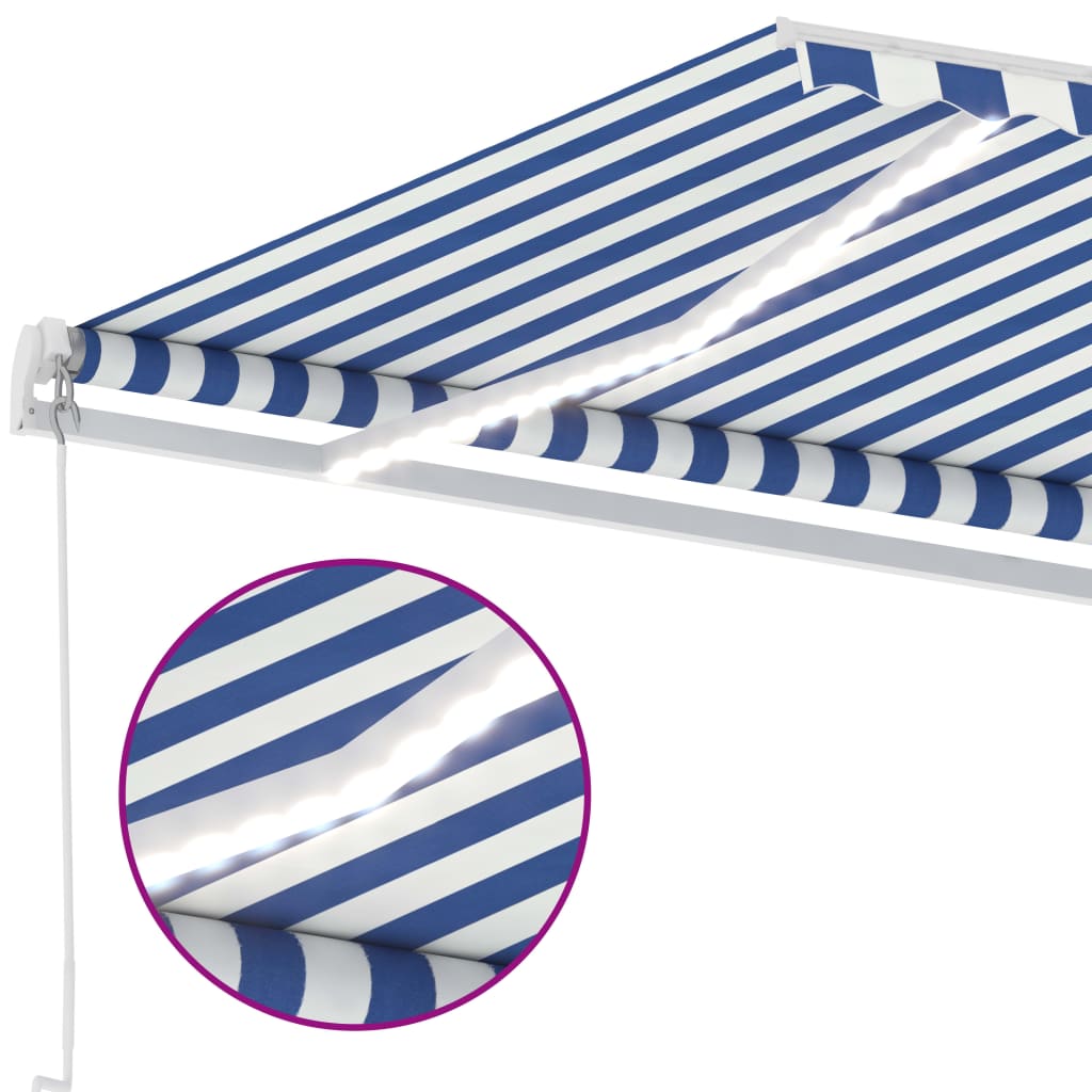 Manuell Uttrekkbar Markise Med Led 450X300 Cm Blå Og Hvit