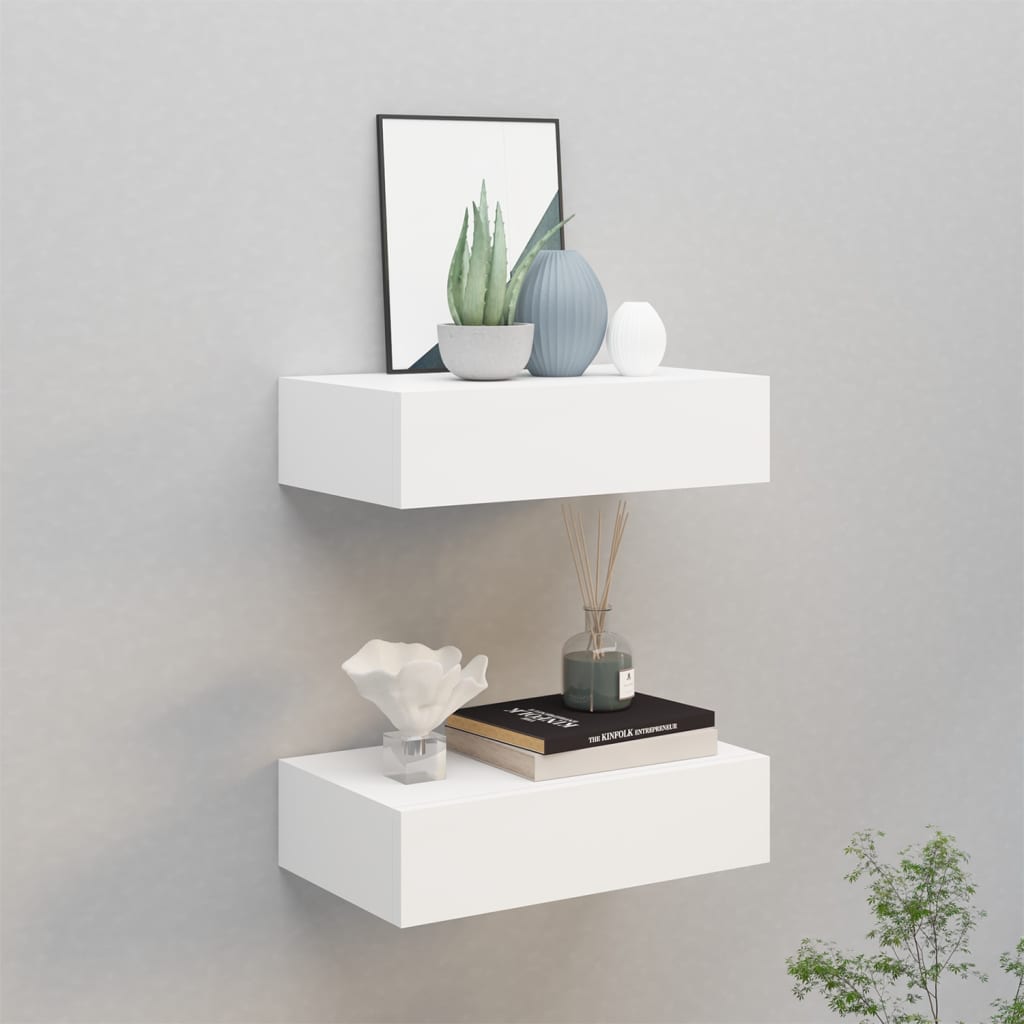 Veggmonterte Skuffehyller 2 Stk Hvit 40X23,5X10 Cm Mdf