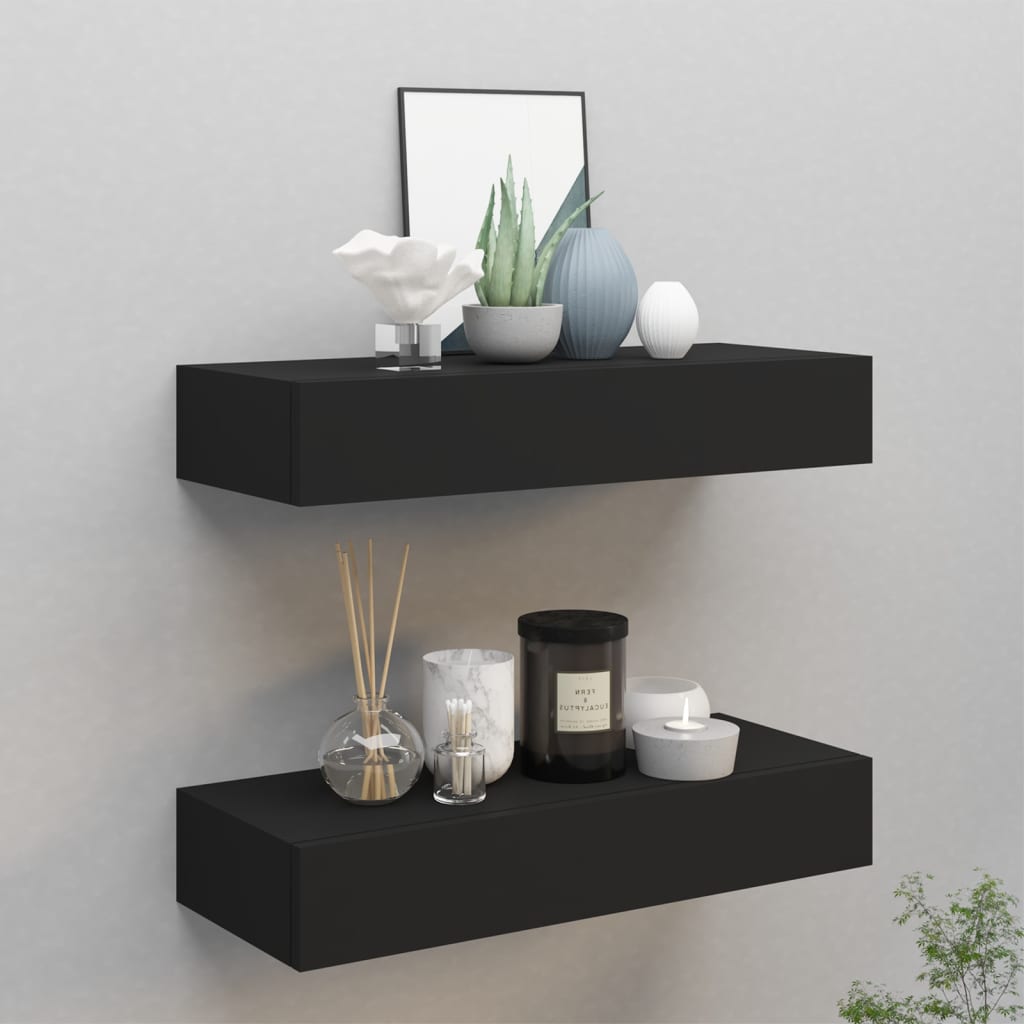 Veggmonterte Skuffehyller 2 Stk Svart 60X23,5X10 Cm Mdf