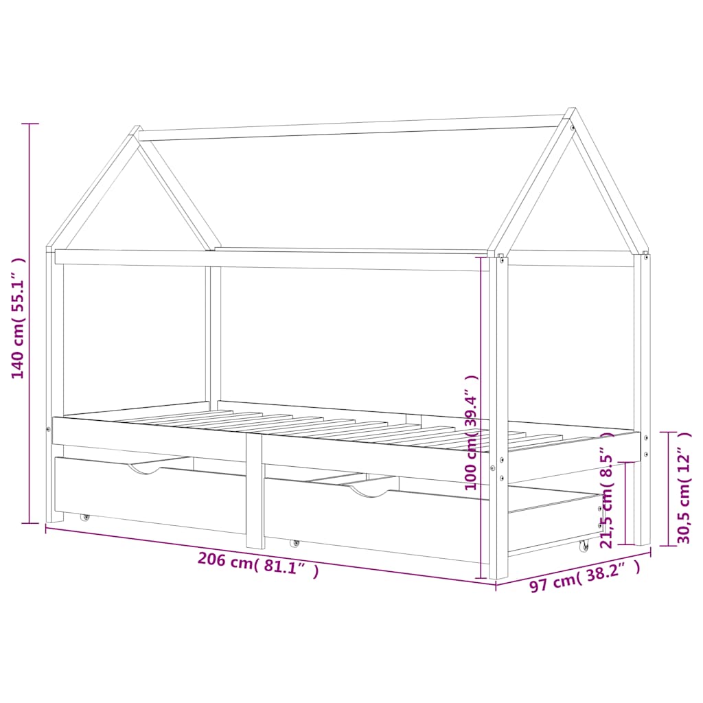 Ramme For Barneseng Med Skuffer Hvit Heltre Furu 90X200 Cm