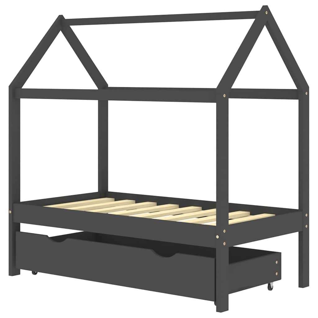 Sengeramme For Barn Med Skuff Heltre Furu 70X140 Cm Mørkegrå
