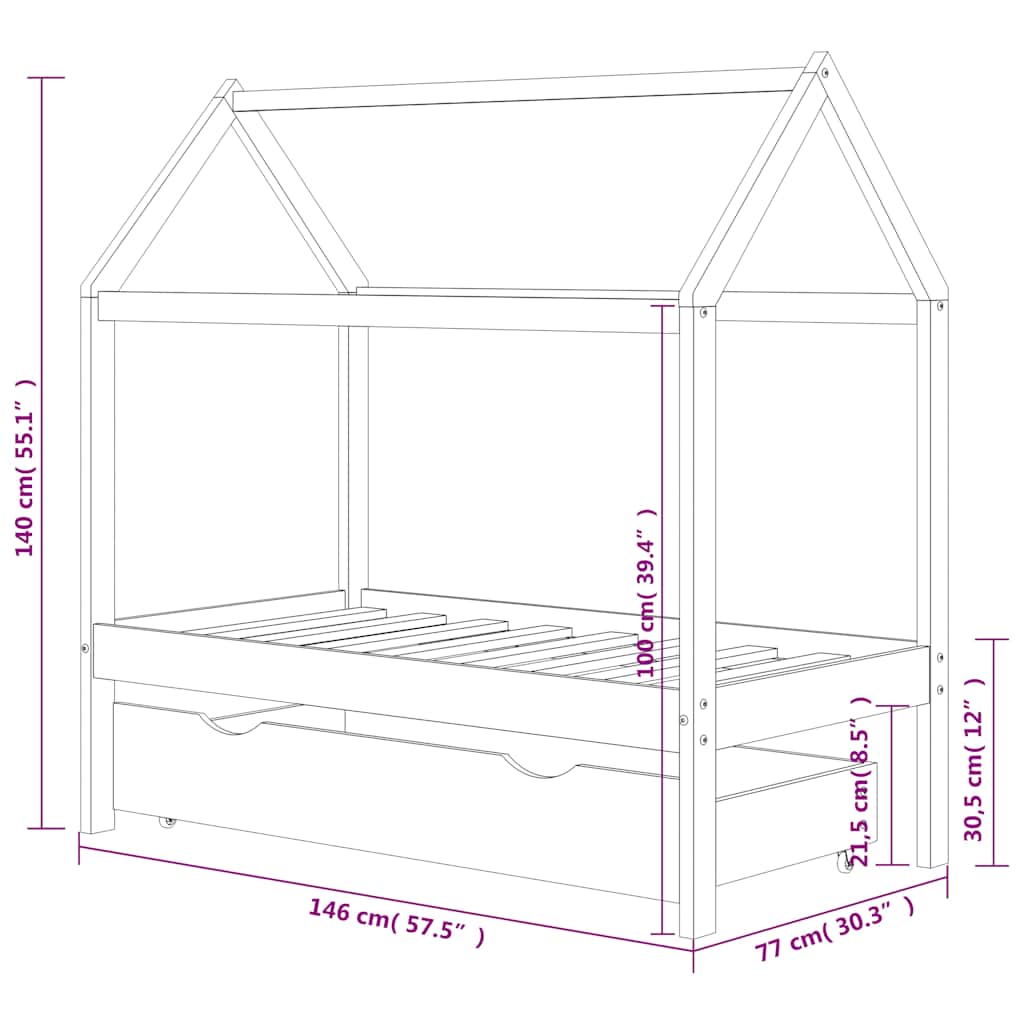 Sengeramme For Barn Med Skuff Heltre Furu 70X140 Cm Mørkegrå