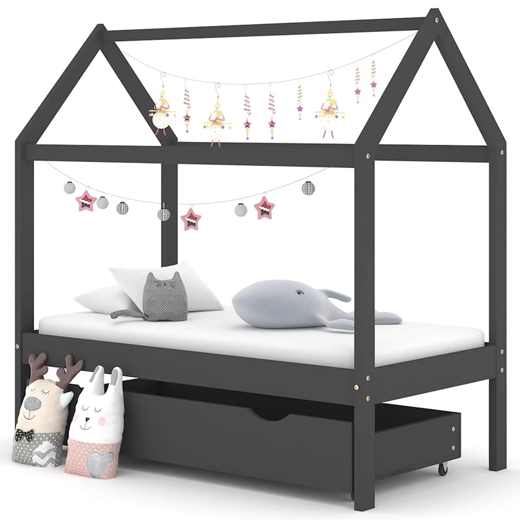 Sengeramme For Barn Med Skuff Heltre Furu 70X140 Cm Mørkegrå