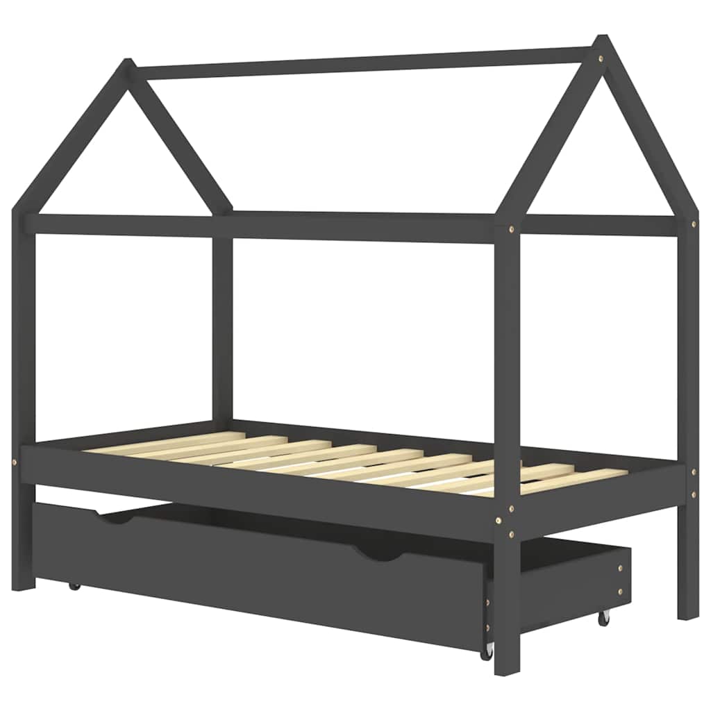 Sengeramme For Barn Med Skuff Heltre Furu 80X160 Cm Mørkegrå