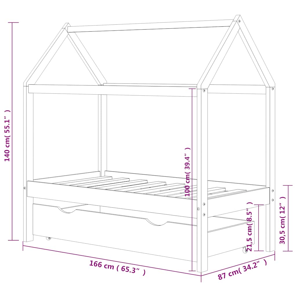 Sengeramme For Barn Med Skuff Heltre Furu 80X160 Cm Mørkegrå