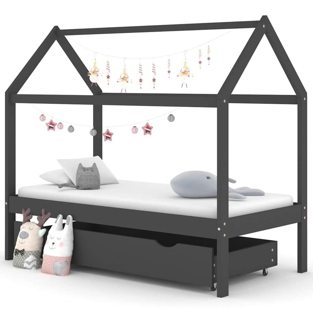 Sengeramme For Barn Med Skuff Heltre Furu 80X160 Cm Mørkegrå