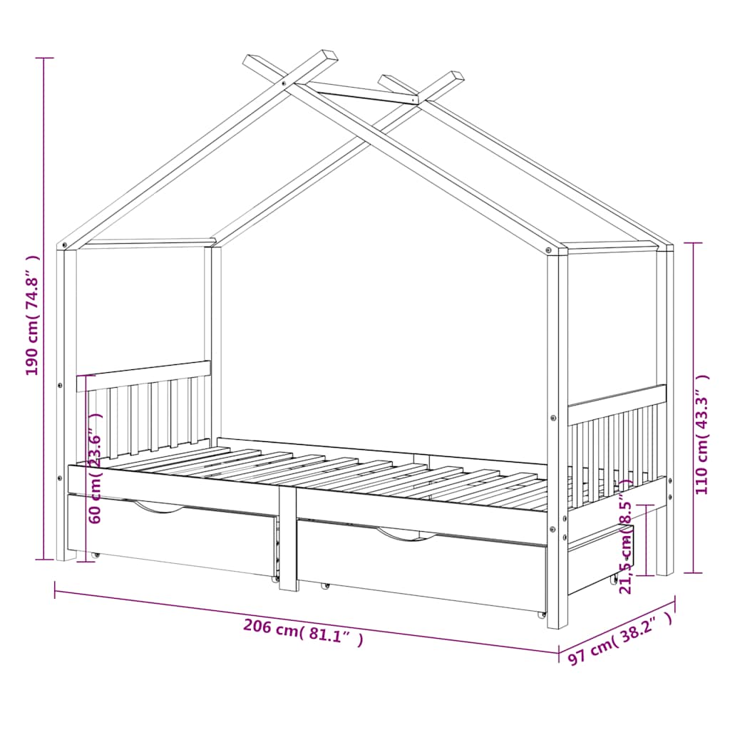 Ramme For Barneseng Med Skuffer Hvit Heltre Furu 90X200 Cm