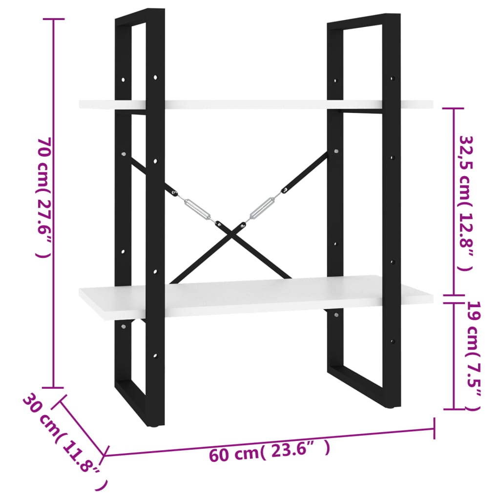 Bokhylle 2 Nivåer Hvit 60X30X70 Cm Konstruert Tre
