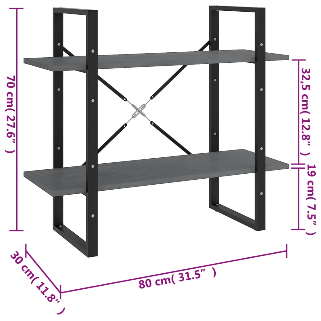 Bokhylle 2 Nivåer Grå 80X30X70 Cm Heltre Furu