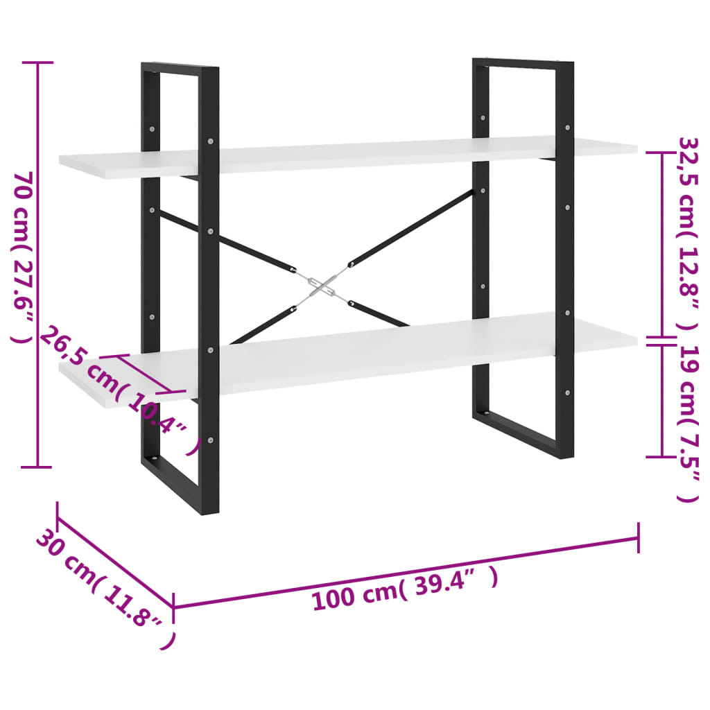Bokhylle 2 Nivåer Hvit 100X30X70 Cm Konstruert Tre
