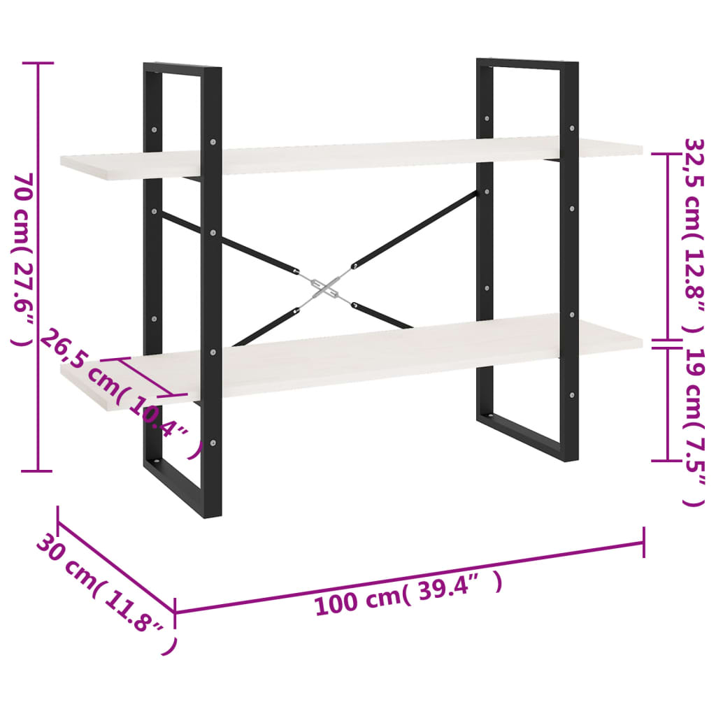Bokhylle 2 Nivåer Hvit 100X30X70 Cm Heltre Furu