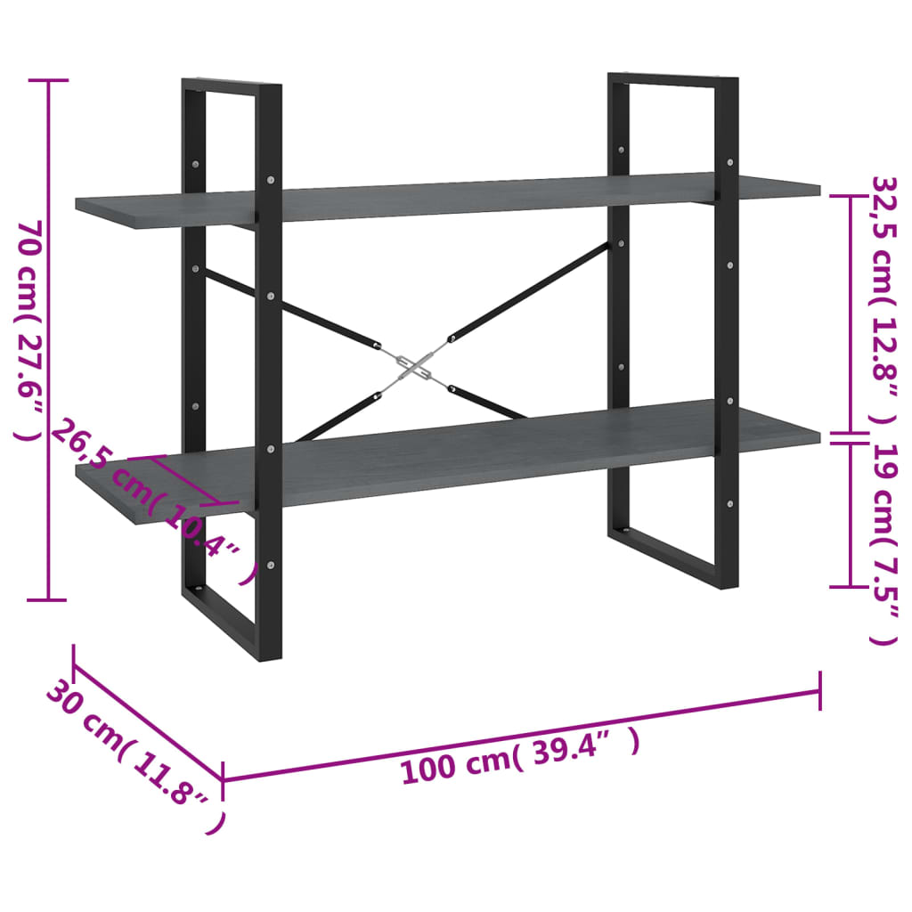 Bokhylle 2 Nivåer Grå 100X30X70 Cm Heltre Furu