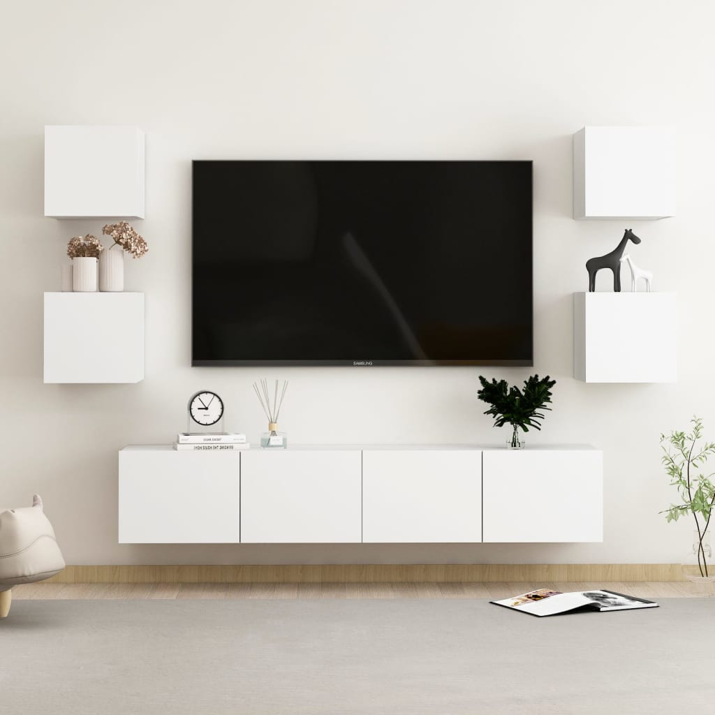 Tv-Benksett 6 Deler Hvit Konstruert Tre