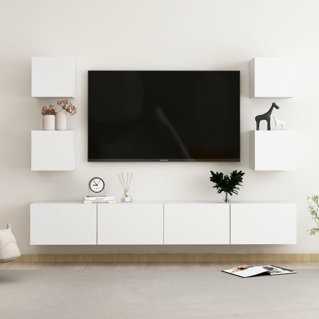 Tv-Benksett 6 Deler Hvit Konstruert Tre