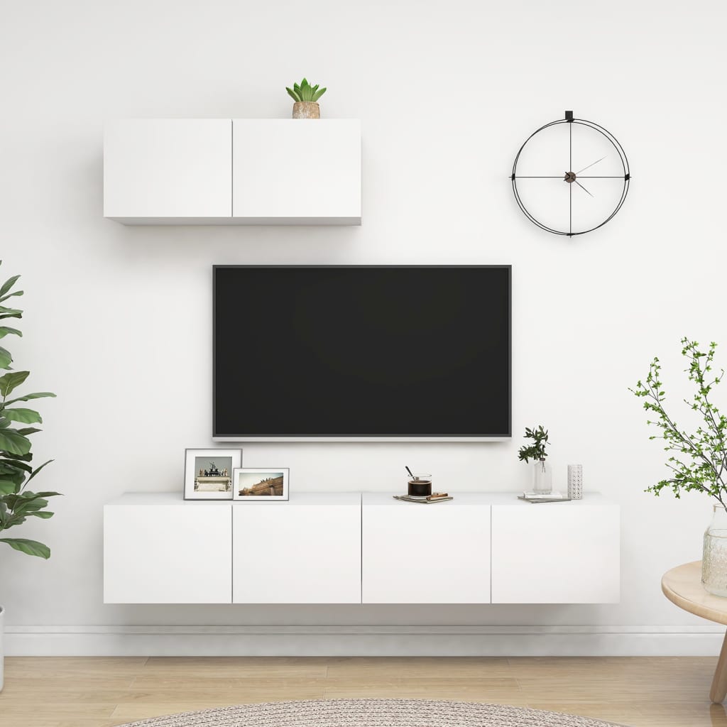Tv-Benksett 3 Deler Hvit Konstruert Tre
