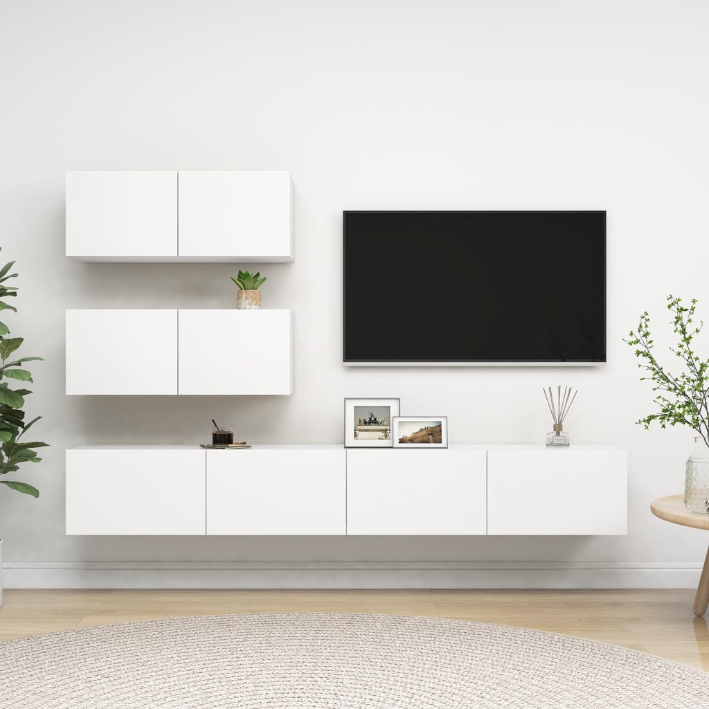 Tv-Benksett 4 Deler Hvit Konstruert Tre