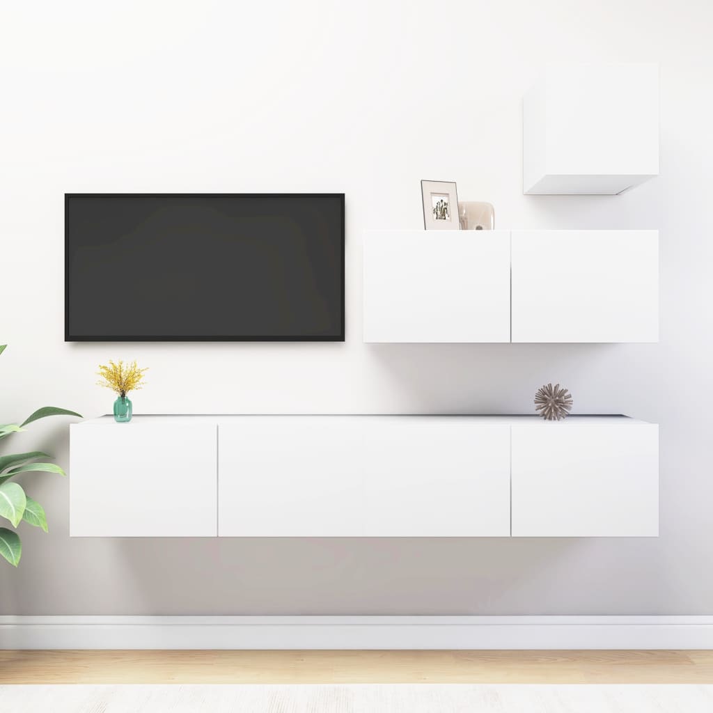 Tv-Benksett 4 Deler Hvit Konstruert Tre