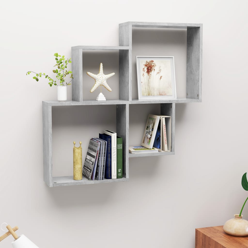 Kubeformet Vegghylle Betonggrå 80X15X78,5 Cm Konstruert Tre