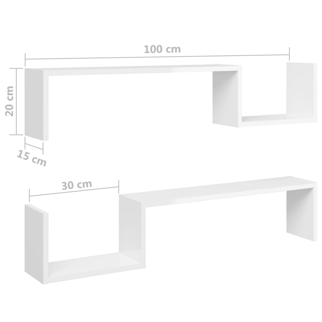 Vegghyller 2 Stk Høyglans Hvit 100X15X20 Cm Konstruert Tre