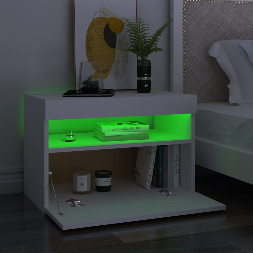 Nattbord Med Led-Lys Hvit 60X35X40 Cm Konstruert Tre