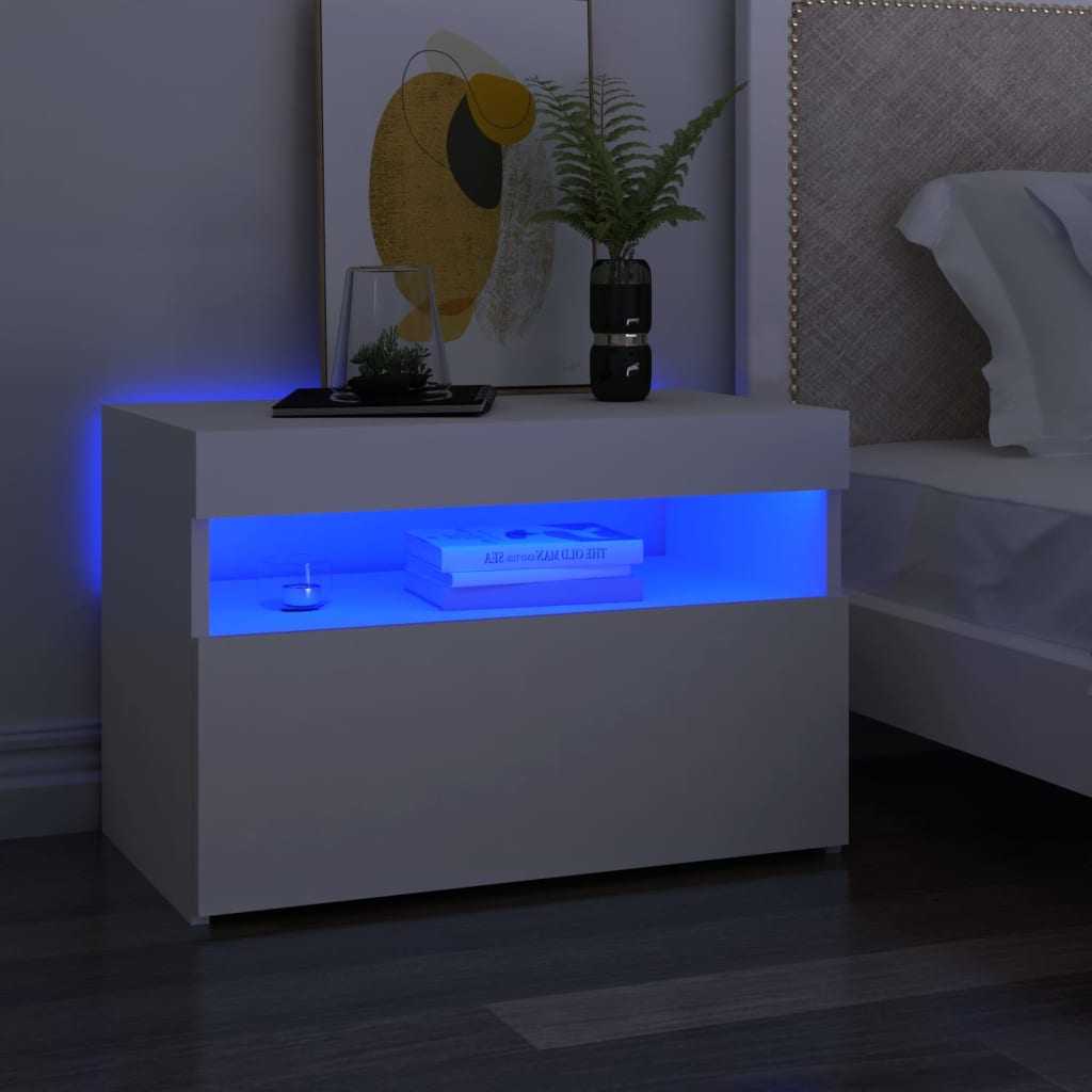 Nattbord Med Led-Lys Hvit 60X35X40 Cm Konstruert Tre