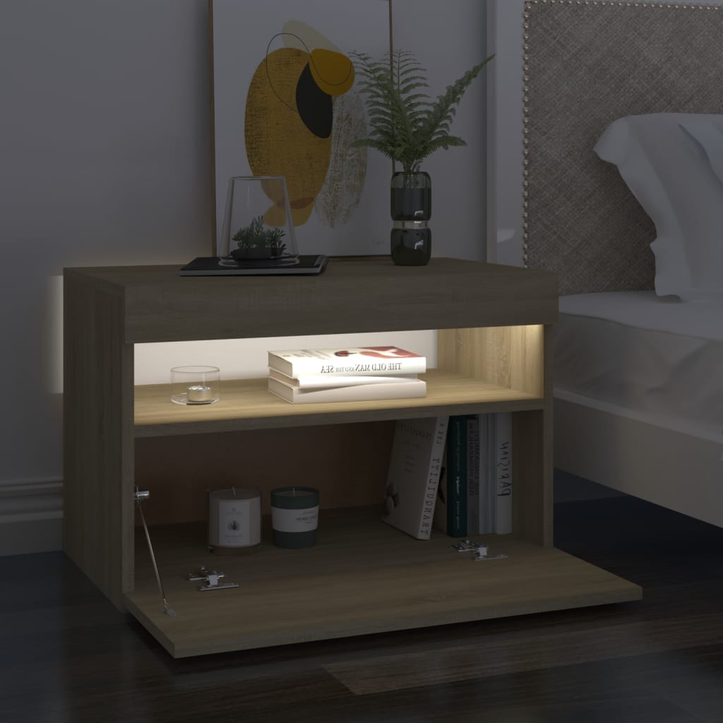 Nattbord Med Led-Lys Sonoma Eik 60X35X40 Cm Konstruert Tre